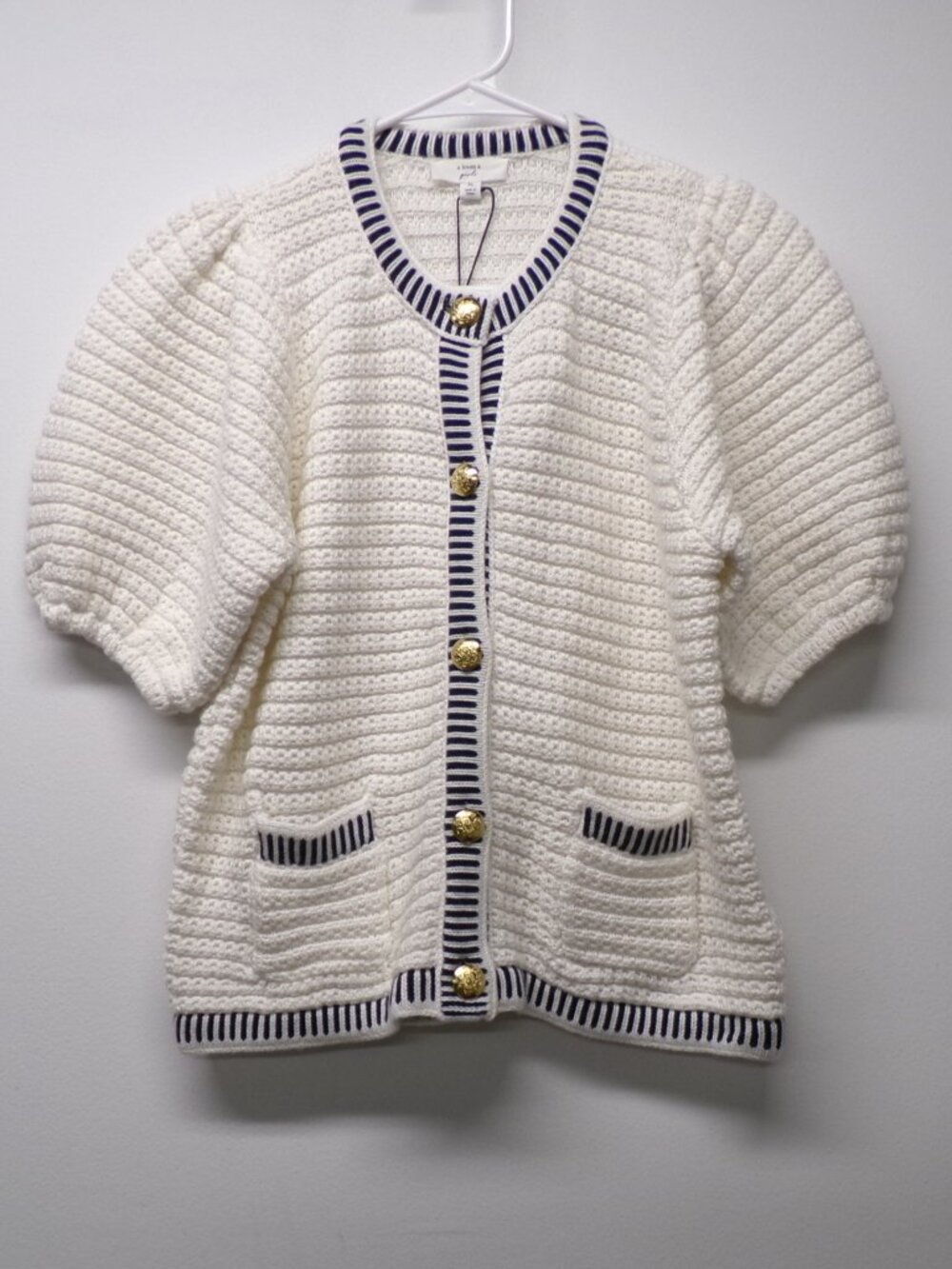 NWT A Loves A Girls Ivory Navy Trim Puff Sleeve Short Sleeve Sweater sz XL $72